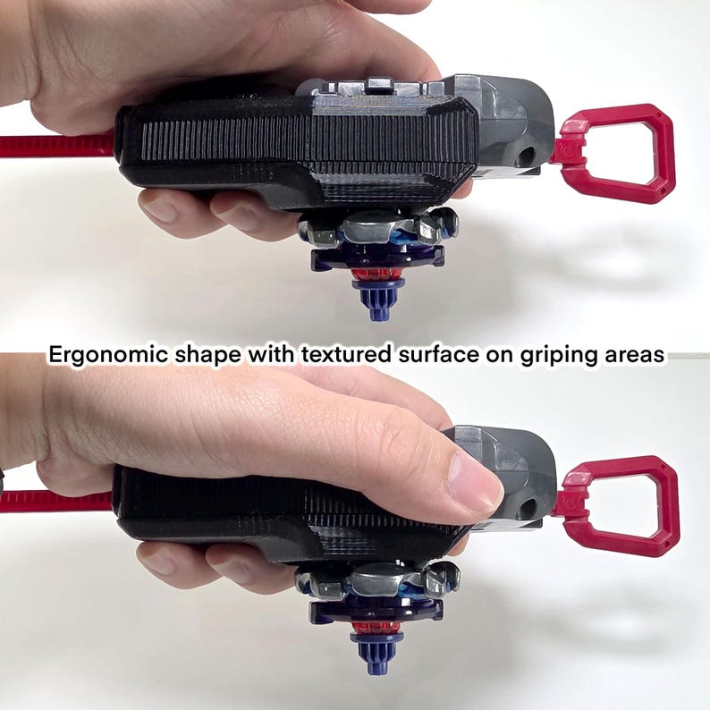 May include: A black and gray toy with a red pull cord and a red handle. The toy has a textured surface and a blue and silver spinning component. The text on the image reads: "Ergonomic shape with textured surface on gripping areas."