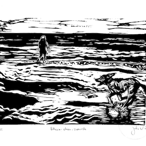 Linocut handmade Seascape with Dog Normandy France