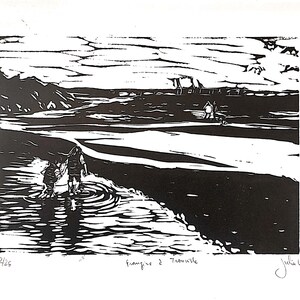 Linocut handmade Seascape with Children France
