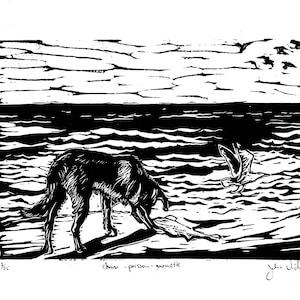 Linocut handmade Seascape with Dog Normandy France