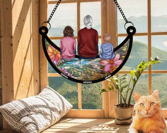 Personalized Window Hanging Suncatcher Ornament - Grandma & Children On The Moon  - Window Hanging Decor Art, Custom Gift for GrandMa