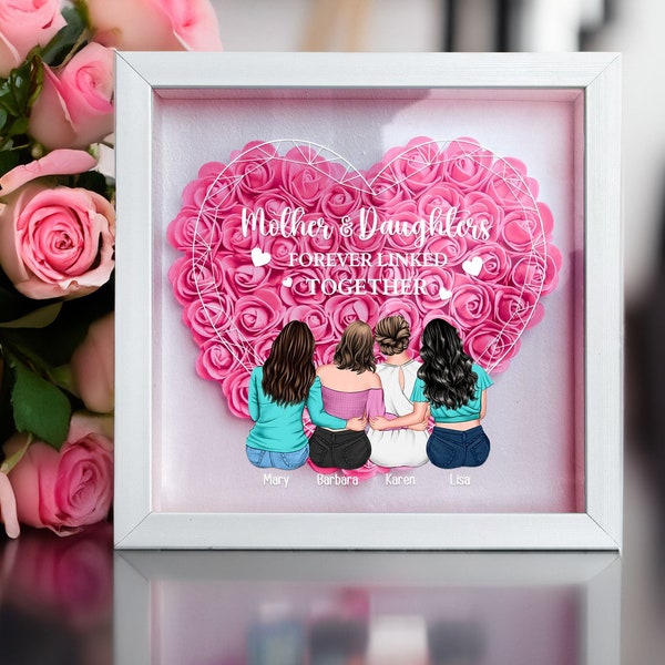 Personalized Flower Shadow Box - Mother & Daughters Forever Linked Together - Roses Shadowbox with Names, Custom Frame Gift for Mother's Day