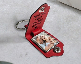 Leather Photo Keychain for couple Personalized - Drive Safe I Need You Here With Me - Valentine's Day Gifts For Men, Boyfriend, Husband