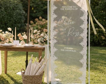 Panneau de bienvenue pour mariage en dentelle, panneau de mariage transparent personnalisé, bannière de mariage en tissu, panneau de douche nuptiale en tissu, décoration de cérémonie bohème de mariage
