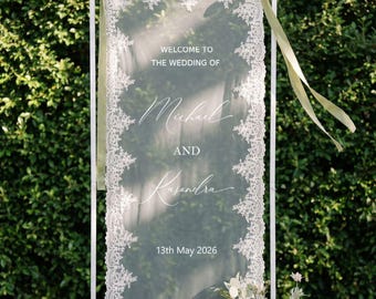 Lace Sheer Wedding Welcome Sign, Personalized Wedding Sign, Fabric Bridal Shower Sign, Custom Veil Wedding Decor, Boho Modern Rustic Banner