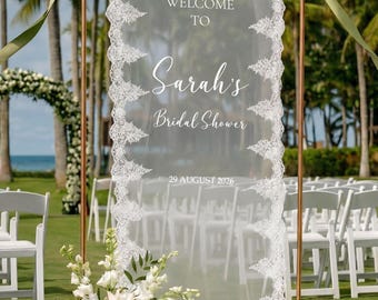Romantic Lace Welcome Sign: Clear Tulle, Fabric Ceremony Reception Sign Banner, Personalized Wedding Decor, Fabric Bridal Shower Sign