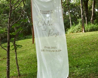 Sheer Wedding Sign, Personalized Sheer Wedding Banner, Custom Wedding Welcome Fabric, Voile Wedding Banner, Valentine’s Day Gift For Wedding