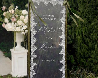 Lace Sheer Wedding Welcome Sign, Custom Veil Wedding Sign, Fabric Bridal Shower Sign, Personalized Wedding Decor, Boho Modern Rustic Banner