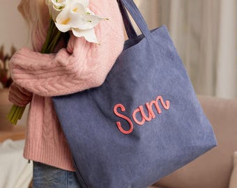 Corduroy Tote Bag, Personalized Tote Bag, Custom Name Tote, Everyday Essential Tote, Valentines Day Gift, Best Friend Gift, Eid Gift For Her
