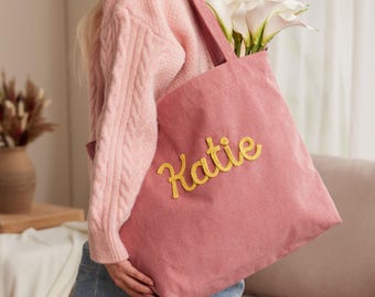 Custom Name Corduroy Tote, Personalized Corduroy Bag, Valentines Day gifts For Her, Everyday Essential Travel Tote, Personalized Gifts
