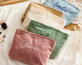 Embroidered Corduroy Makeup Bag, Gift for Mum, Personalized Makeup Bag, Embroidered Toiletry Bag, Valentines Day gift, Bridesmaid Gifts
