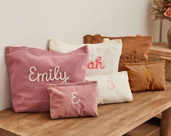 Personalized Embroidered Corduroy Tote, Custom Corduroy Tote Bag Set, Everyday Essential Tote, Travel Crossbody Bag, Valentine's Day Gifts