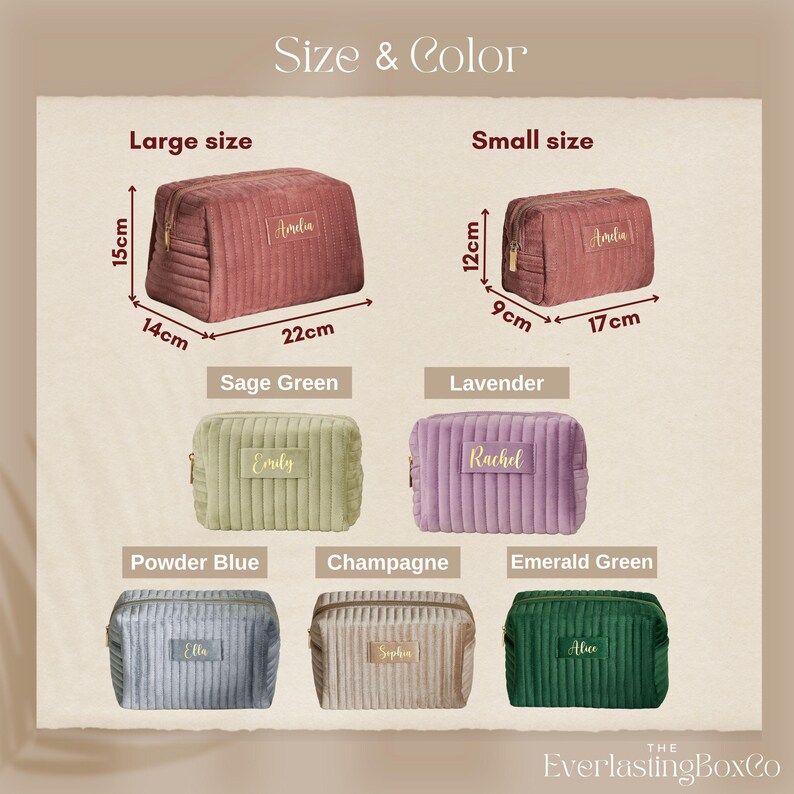 May include: A product image showcasing cosmetic bags in various colors and sizes. The large bag is 15cm high, 14cm wide, and 22cm long. The small bag is 12cm high, 9cm wide, and 17cm long. Colors include sage green, lavender, powder blue, champagne, and emerald green.