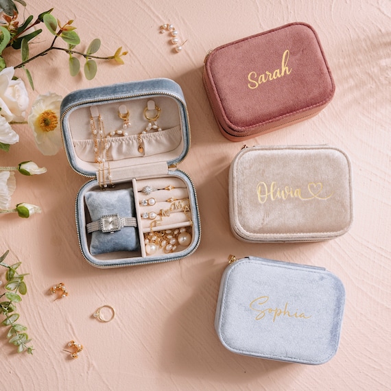 Custom Velvet Jewellery Box, Bridesmaid Gifts With Permanent Name