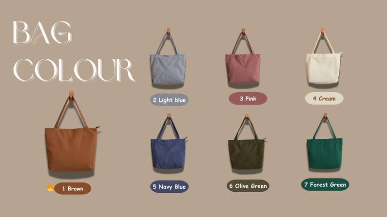 May include: A display of tote bags in various colors: brown, light blue, pink, cream, navy blue, olive green, and forest green. Each bag hangs from a wooden peg, with color labels below. The text "BAG COLOUR" is at the top.
