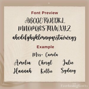 May include: A beige background displays a font preview with uppercase and lowercase alphabets. The word "Example" is in red, with the name "Mrs. Camila" below it. Additional names include Amelia, Cheryl, Julie, Hannah, Kellie, and Sydney. The EverlastingBoxCo logo is in the bottom right.