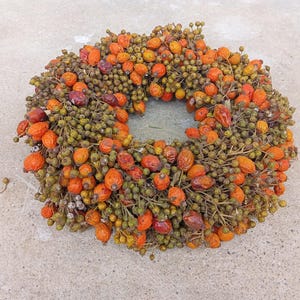 May include: A circular wreath constructed from a dense arrangement of small, round, green berries and larger, oval-shaped, orange and reddish-brown dried rose hips. The botanical elements are tightly clustered together to form a thick, textured ring.