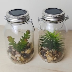 May include: Two glass mason jars with metal lids and solar panels on top. Each jar contains small rocks and a green artificial plant. The jars are on a light wood surface.