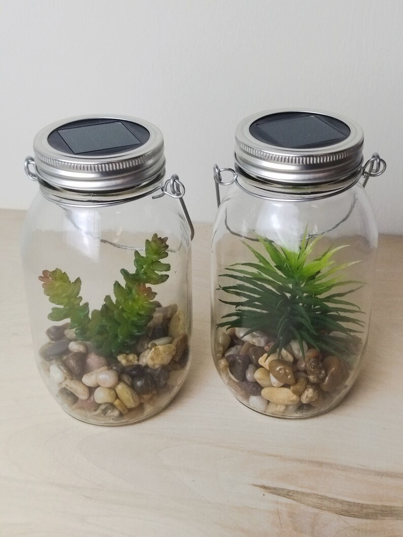 May include: Two glass mason jars with metal lids and solar panels on top. Each jar contains small rocks and a green artificial plant. The jars are on a light wood surface.