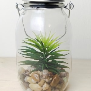 May include: A clear glass jar with a silver lid and a wire handle. The jar contains small stones and a green artificial plant.