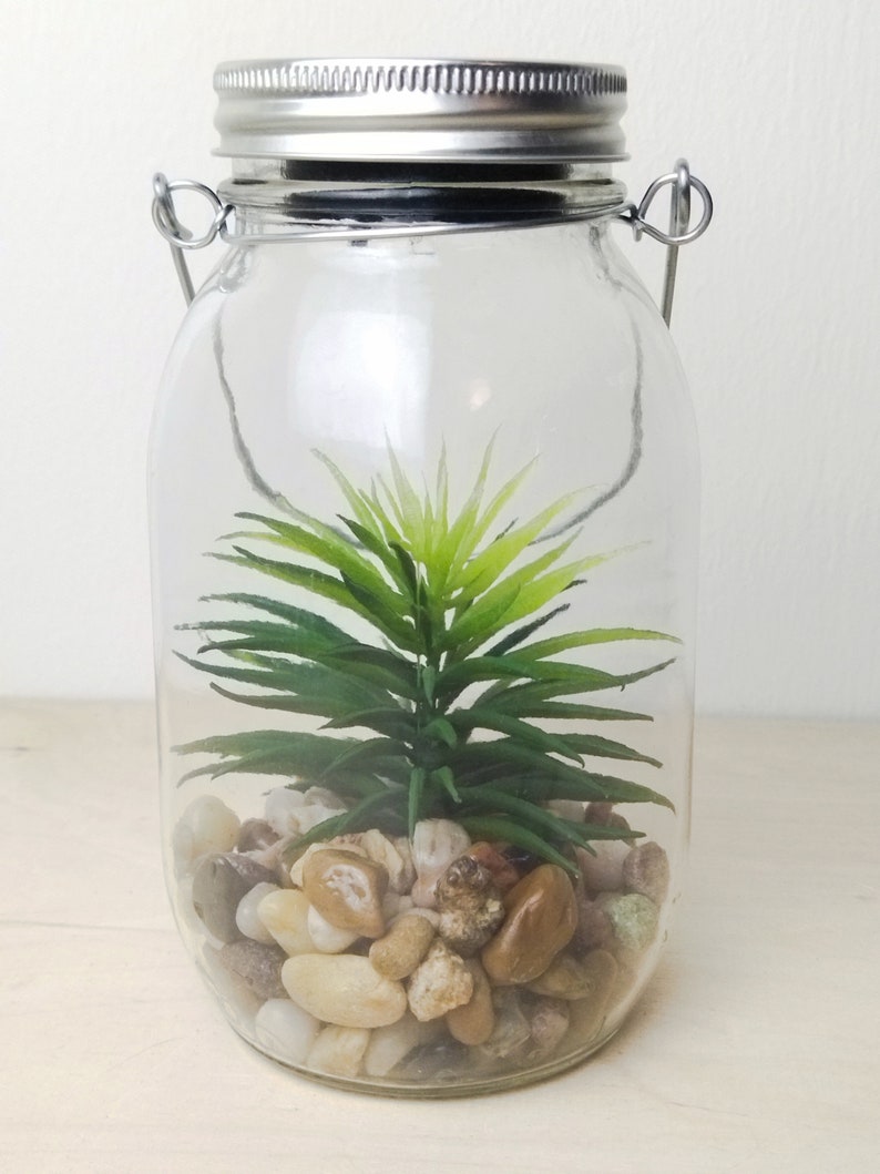 May include: A clear glass jar with a silver lid and a wire handle. The jar contains small stones and a green artificial plant.