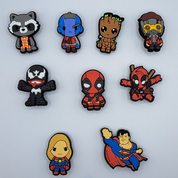 Superhero croc charms, Rocket, Nebula, Groot, Star Lord, Venom, Deadpool, Superwoman, superman