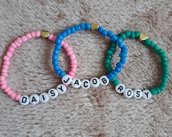 Personalised name bracelet, any name, word or numbers. Bridal parry, hen party ,  49 colours to choose from
