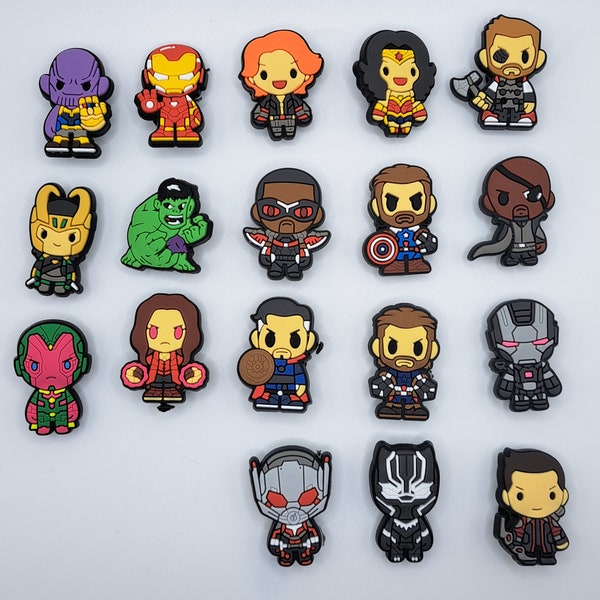 Avengers croc charms, avengers, ironman, hulk, captain America, hawkeye, black widow, thor, loki, vision, black panther, antman, shoe crocs