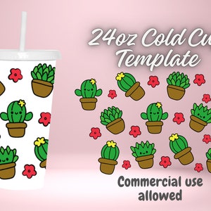 Tasse froide de thème de plante de cactus, modèle en couches de couleur de téléchargement instantané numérique de tasse réutilisable de 24 oz