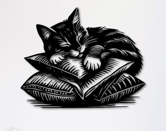 Sleeping Cat Wall Art SVG DXF | Cozy Kitten Laser Cut File | Cricut & Glowforge, CNC