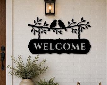 Welcome Sign SVG DXF | Birds on Branch Laser Cut | Front Porch Decor | Love Birds Vector