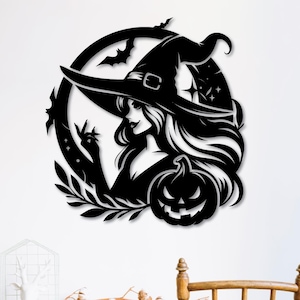 Witch Wall Art SVG DXF | Witch Girl with Pumpkin Laser Cut File | Spooky Witch Silhouette Cricut Cut File, CNC cut file