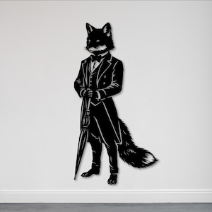 May include: A black wall art piece depicting a fox standing upright, dressed in a formal tuxedo with a bowtie and vest, holding a closed umbrella in its hands. The fox has a large, bushy tail and is rendered in a solid black silhouette style.