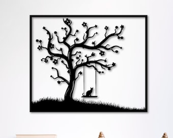 Tree Swing Cat SVG DXF Eps Ai Pdf | Laser Cut Wall Art File | Silhouette Metal Wall Decor | Digital Download for Cricut Glowforge CNC