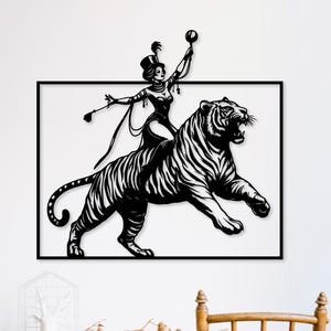 Tiger Wall Art SVG DXF, Circus Woman Riding Tiger, Laser Cut File for Cricut Glowforge CNC, Eps Pdf Ai Digital Download