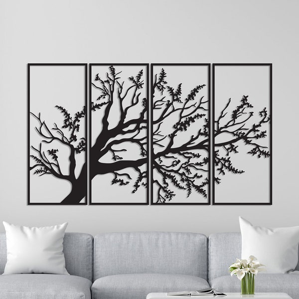 Four Pieces Tree Wall Art dxf, svg, eps, ai and pdf files for laser cutting, cnc cutting, tree branches panel, tree wall decor, laser cut