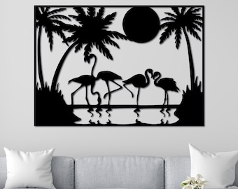 Flamingos & Palm Tree Wall Art SVG DXF Eps Ai Pdf | Beach Scene Laser Cut File | Tropical Home Decor Digital Download, CNC Cut File