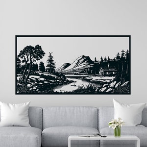 Linoleografia stile villaggio, foresta, lago, montagne Wall Art dxf, svg, eps, ai e pdf per taglio laser, taglio cnc