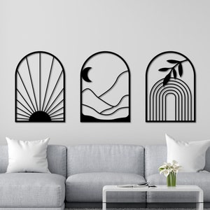 3 つの装飾壁アート DXF、SVG、EPS、AI、PDF ファイル (レーザー切断、CNC 切断、Cricut 切断用)、太陽、海、枝 DXF