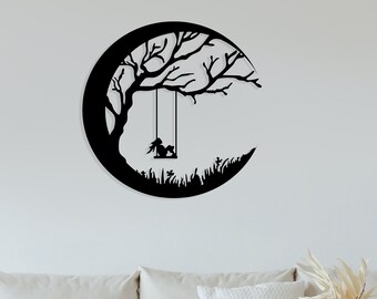Dream on the Moon wall art svg,dxf, EPS,AI and PDF files.cnc cut file,wall art dxf,laser cut files,Tree on the moon wall art, Moon wall art