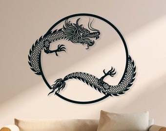 Arte mural de dragón cortado con láser en formatos dxf, svg, eps, ai y PDF para corte láser y CNC. Incluye dragón chino, dragón japonés y signos del zodiaco.