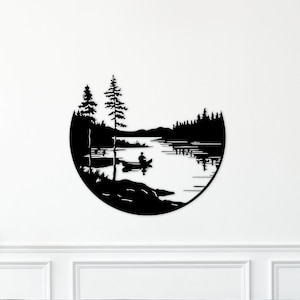 Lago, foresta e barca a vela Wall Art file dxf, svg, eps, ai e pdf per il taglio laser, taglio CNC, decorazione della parete naturale, barca in formato svg