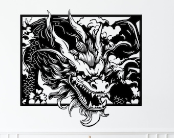 May include: Black and white illustration of a dragon's head in a square frame. The dragon has sharp teeth and a fierce expression.