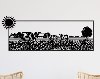 Art mural ferme et vaches fichiers dxf, svg, eps, ai et pdf pour découpe laser, découpe CNC, vache svg, dxf agriculteur, dxf décoration murale ferme, décoration murale