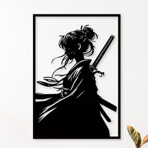 Silhueta de arte de parede de garota samurai, arquivo SVG DXF de mulher samurai Katana cortado a laser, download digital para Cricut, Glowforge, projetos CNC