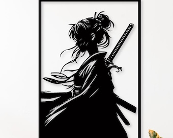 Samurai Woman Silhouette Wall Art, Katana, Laser Cut File (Digital Download)