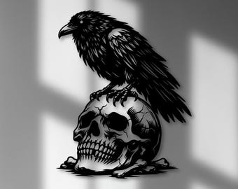 Raven on Skull SVG | Gothic Wall Art DXF | Occult Crow Sign | CNC Laser File