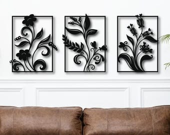 Three Panel Floral Wall Art: Modern Botanical Laser Cut Files (SVG DXF Digital Download)