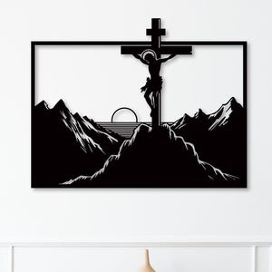 Jesus Crucifix Cross Wall Art | Christian SVG DXF Laser Cut File | Religious Mountain Sunset CNC Template | Digital Download Pdf Eps Ai