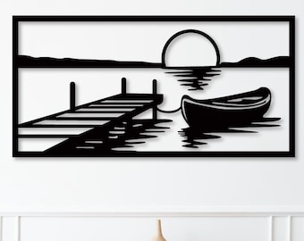 Rustic Lake Pier & Boat SVG DXF Laser Cut File – Sunset Dock Silhouette Wall Art for Cricut, Glowforge, CNC